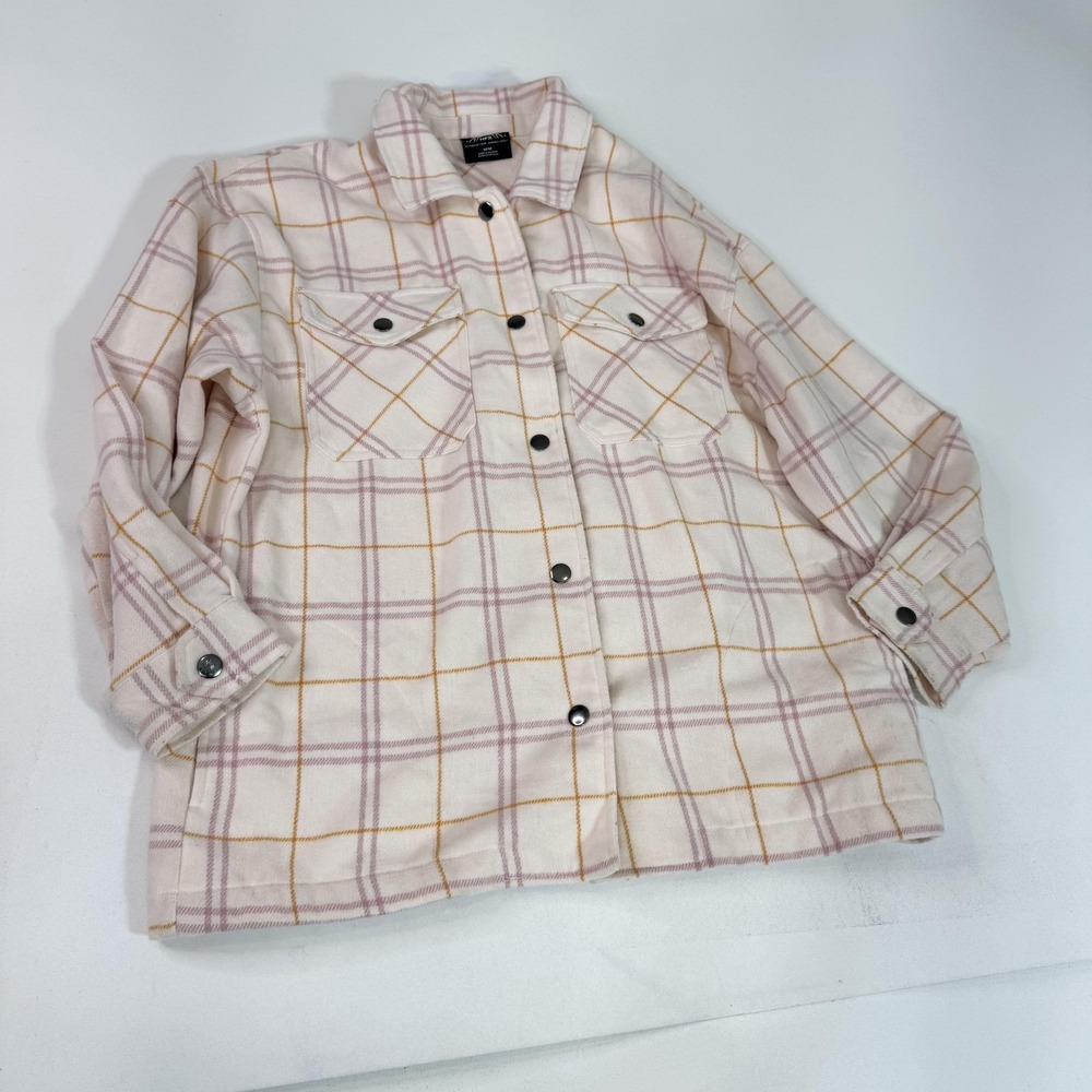 HFX Shirt Jacket Womens Medium Pink Yellow Plaid Wool Blend Button Up Shacket